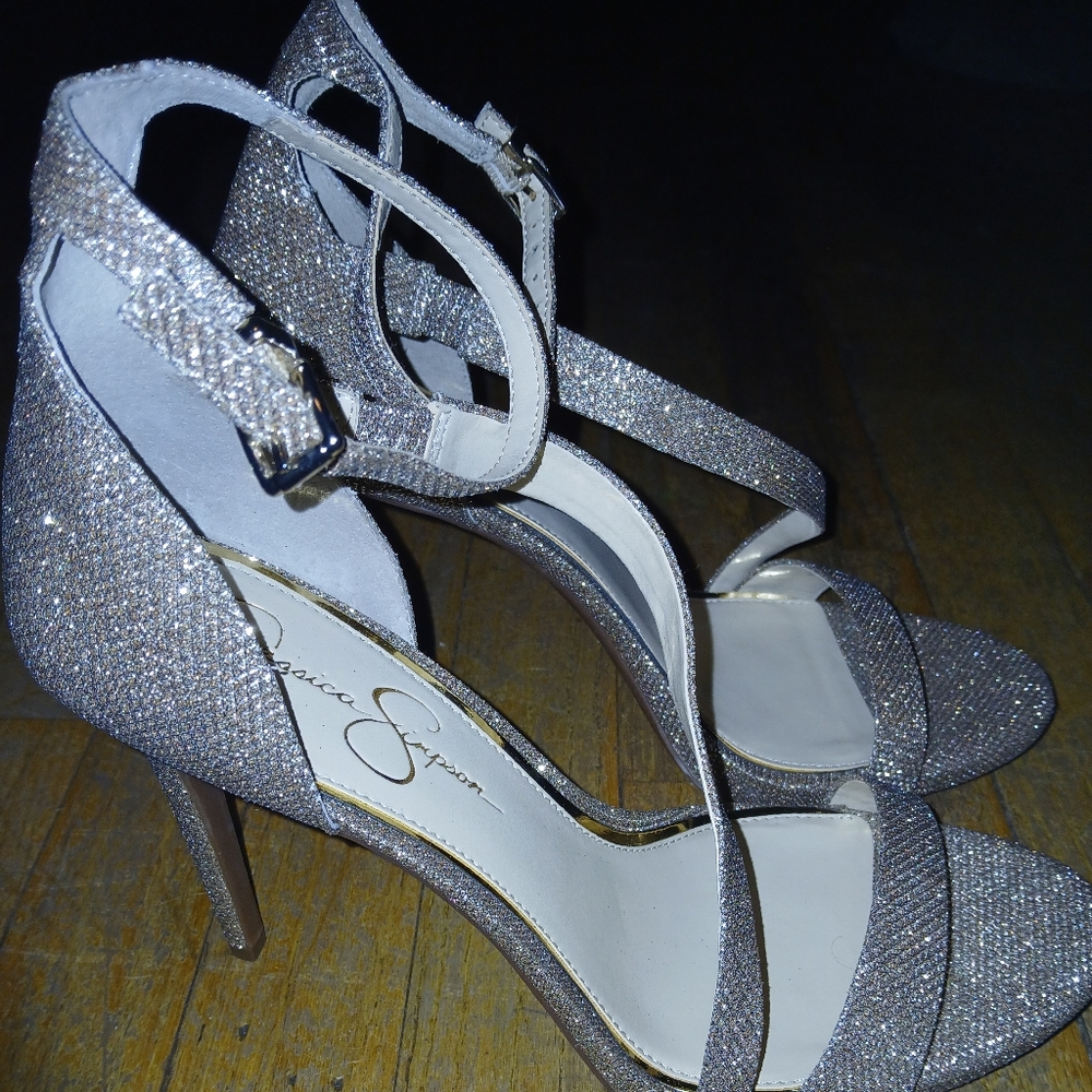 Jessica Simpson Sparkle Bling Sandals Heels Strappy Size 11 silver